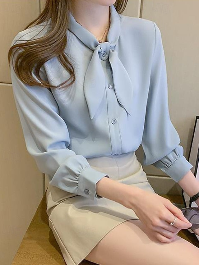 Women's Shirt Elegant Satin Top Blouse Bow Plain Stylish
