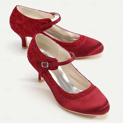 Satin Comfortable - Heels Elegant Red Women's Lace Mid-Heel