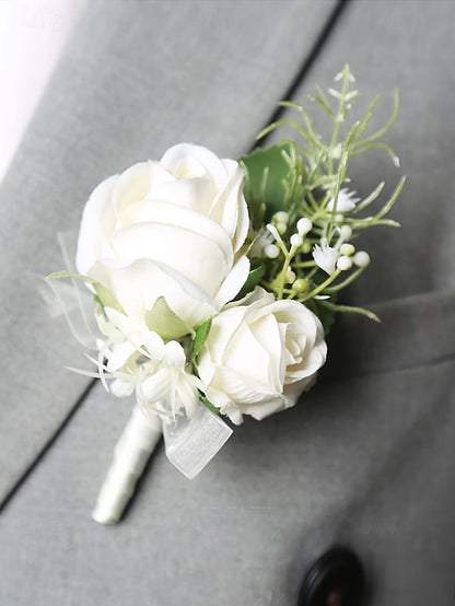 Set Corsage and Boutonniere – Wrist Elegant White Rose