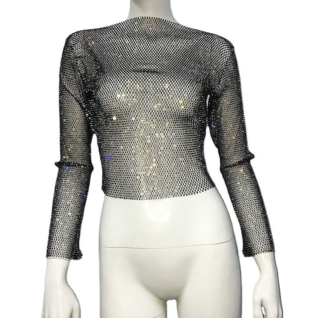Metallic Sparkle Sexy Shirt Sheer Mesh Rhinestone Cover Up Disco