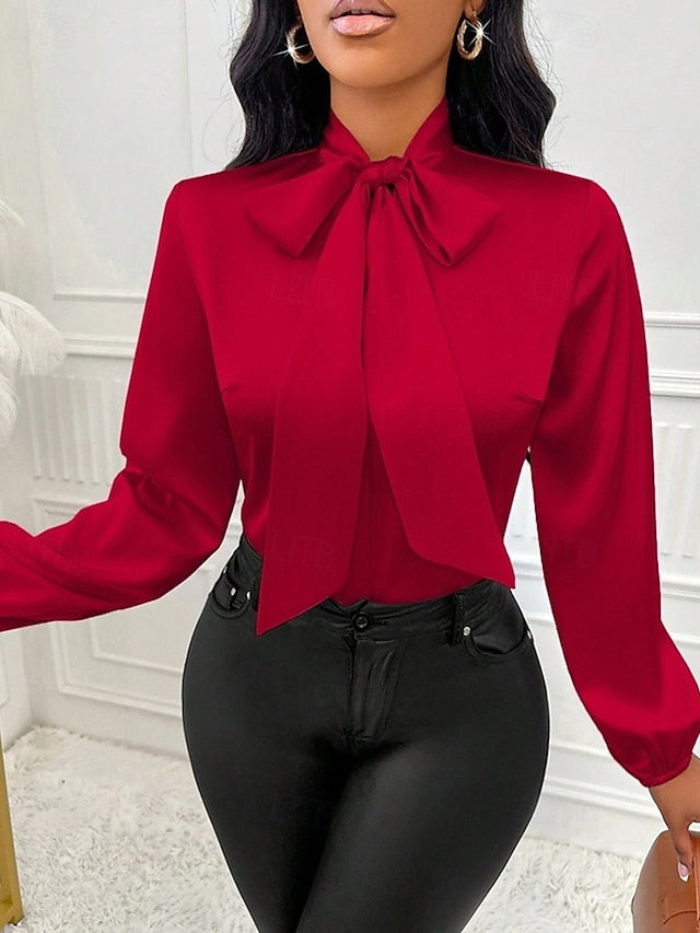 Women's Shirt Elegant Dressy Satin Top Bow Solid Color