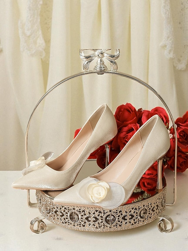 - Women's Elegant Heels Wedding Pointed Satin Ivory Floral