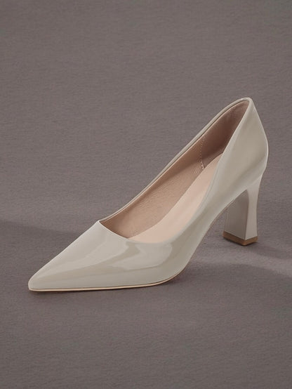 Green Leather Glossy Pumps Patent Heel Faux Block Pointed-Toe