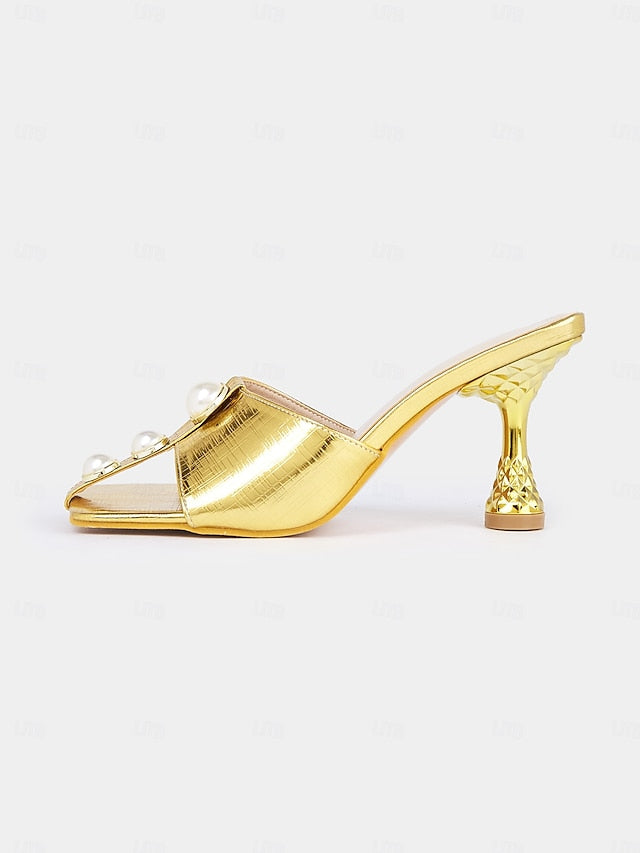 for Women Detailing with – Pearl Gold Open-Toe Elegant Mules