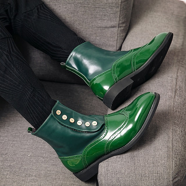 Wingtip Green Button Stylish Boots - Leather Vintage Men's