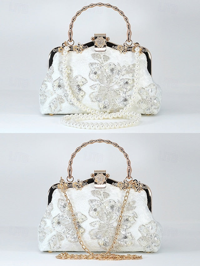 White Pearl Elegant Floral Lace with Handbag and Evening