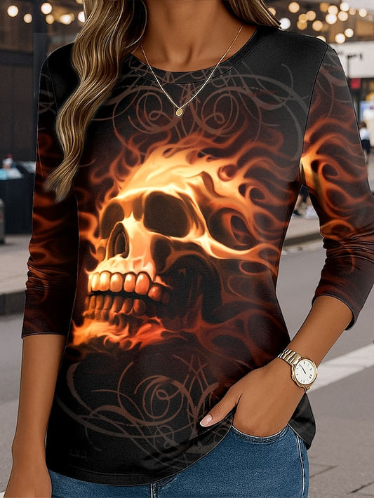 Fire By Tom Wood Women's T Shirt Skulls Crew Neck Long