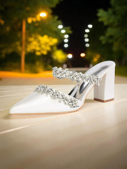 Black Satin Women's Rhinestone Mules Floral with Block Heel