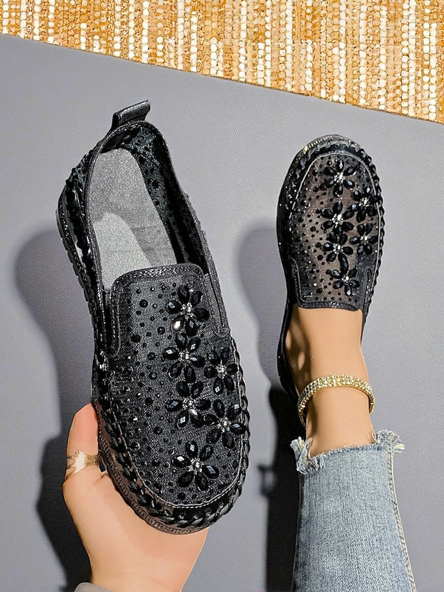 Embellished Sneakers Slip-On with Women's Mesh Rhinestone