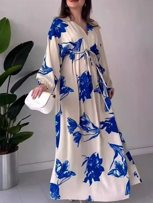 Women's Floral V Neck Maxi Dress Long Sleeve Summer Spring
