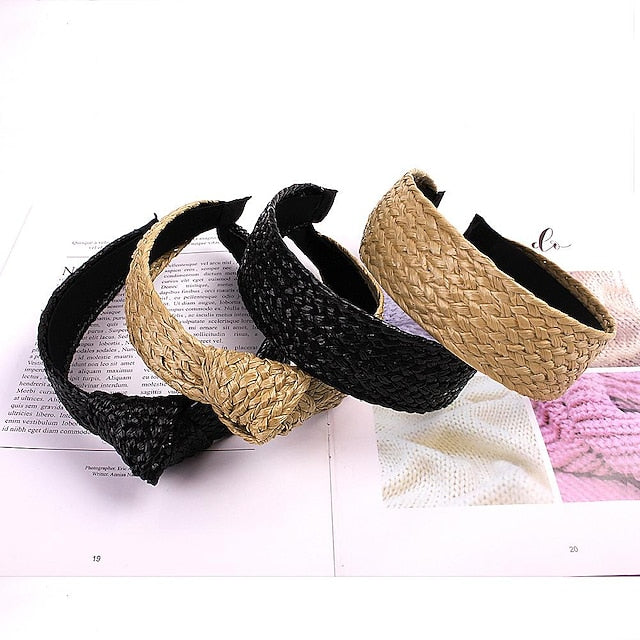 1 PC Straw Knotted Headbands for Women Summer Beach Rattan Top