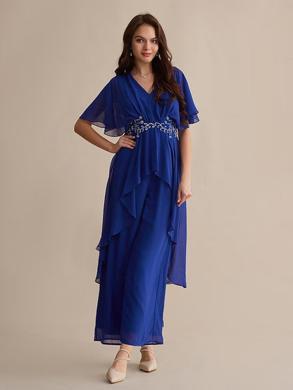 Guest Wedding Chiffon Flare Blue Cuff Embroidered Sequin Royal
