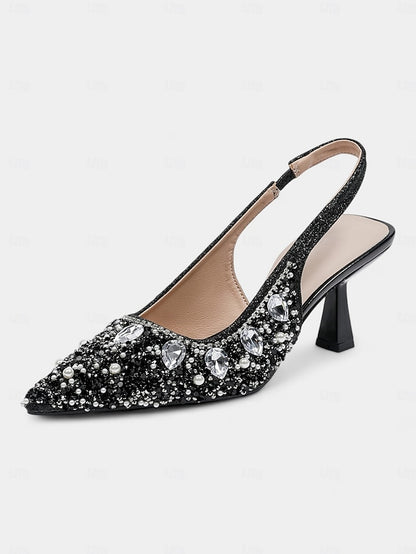 Women's Slingback Heels with Rhinestone Pearl Gold