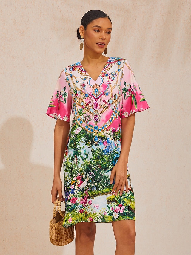 Vacation Jungle Print Straight Satin Mini Dress