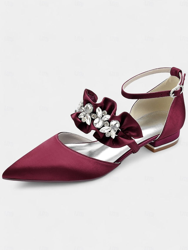 with Rhinestone Flats Women's Satin Black Pointed-Toe