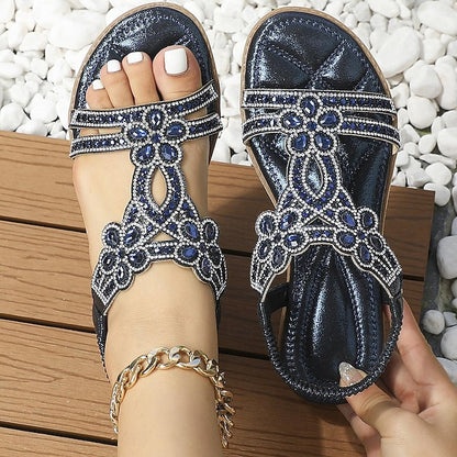 Boho Silver – Rhinestone Sandals Flat T-Strap Women's
