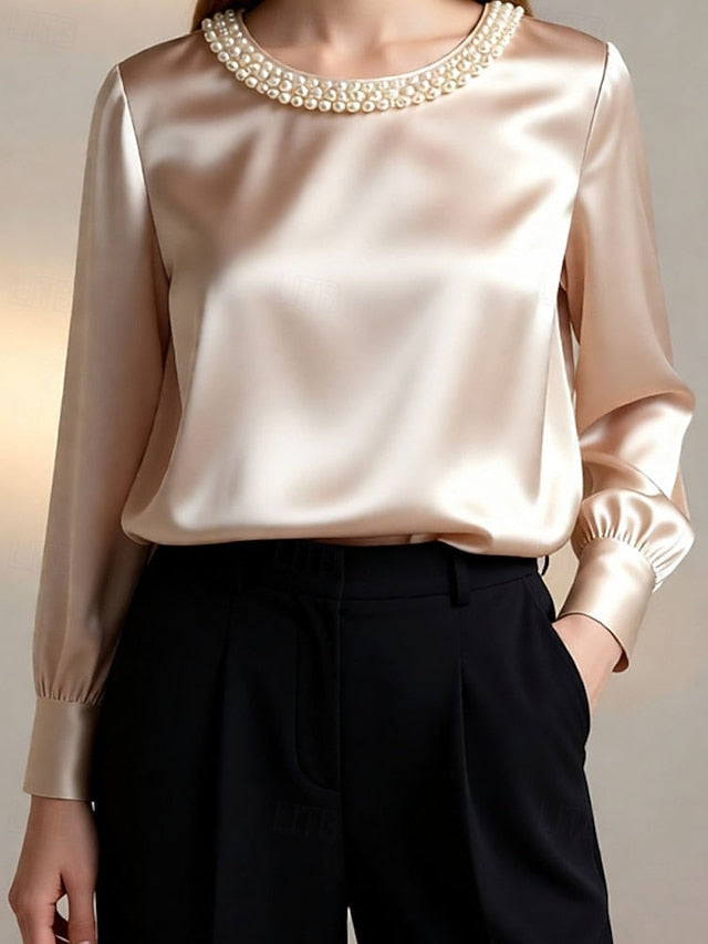Women's Blouse Dressy Tops Ruched Patchwork Beaded Solid