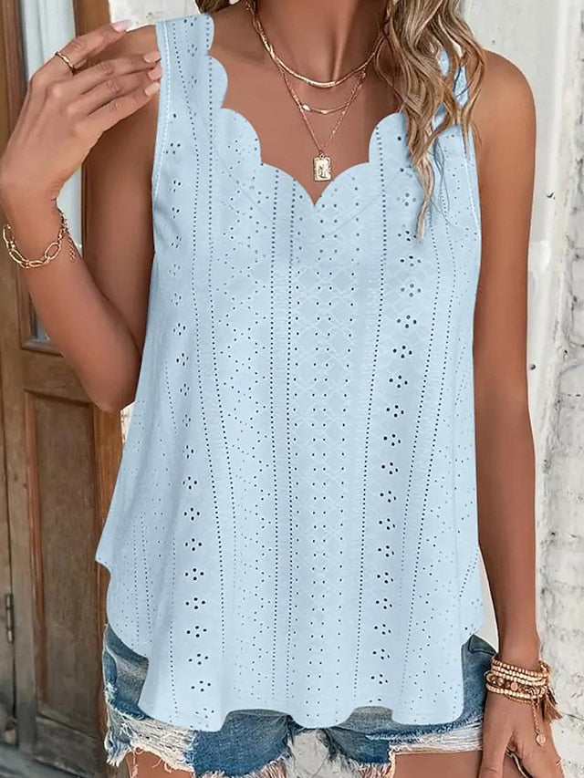 Women's Texture Blouse Eyelet Top Pointelle Tee Blouse