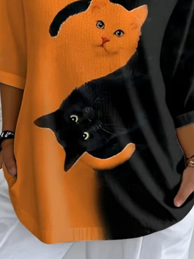 Halloween Women's Blouse Print Cat Daily Casual 3/4 Length