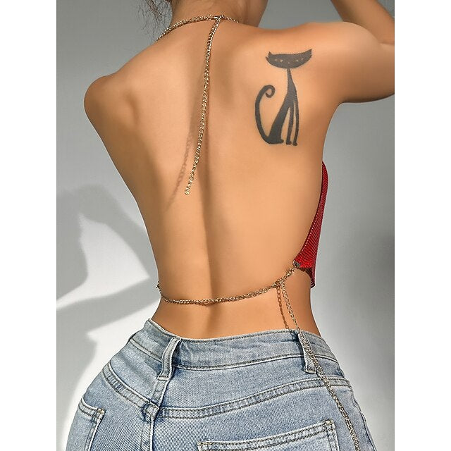 Metallic Chain Camisole Top Sparkle Crop Backless Body Tank