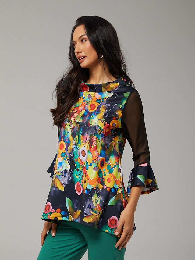 Women's Blouse Black Floral Print Stretch Chiffon Sleeves
