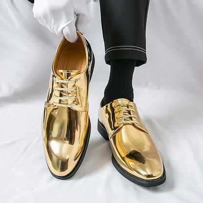 Gold – for Lace-Up Sleek Shoes Leather Men Patent Shiny
