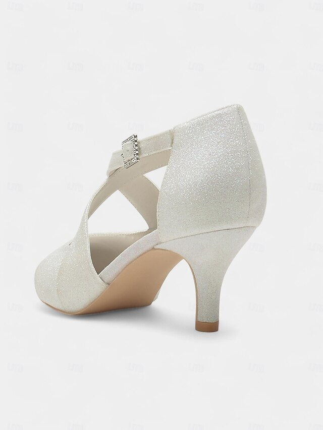 with Cross Heels Strap Buckle Kitten Glitter Rhinestone White