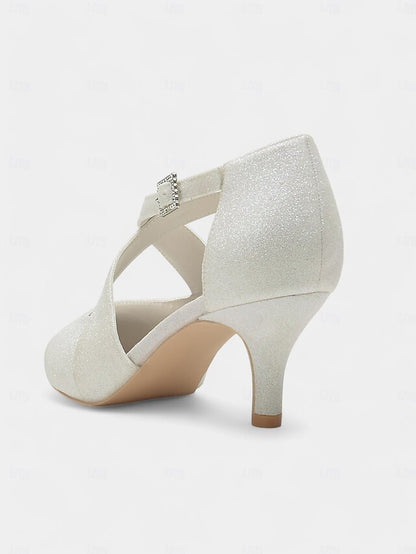 with Cross Heels Strap Buckle Kitten Glitter Rhinestone White