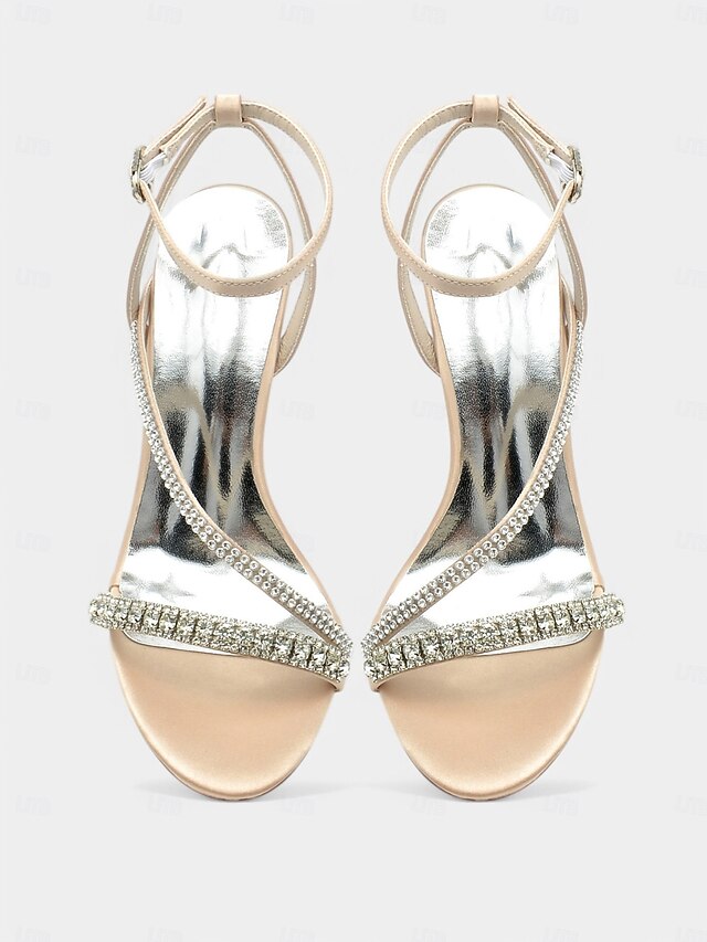 Champagne Rhinestone Satin Heels Sophisticated Strappy –