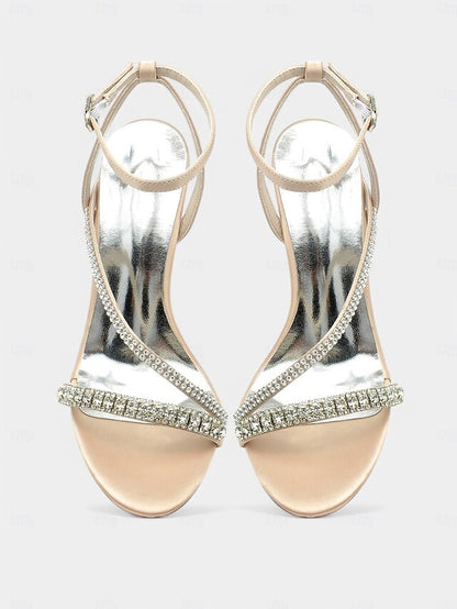 Champagne Rhinestone Satin Heels Sophisticated Strappy –