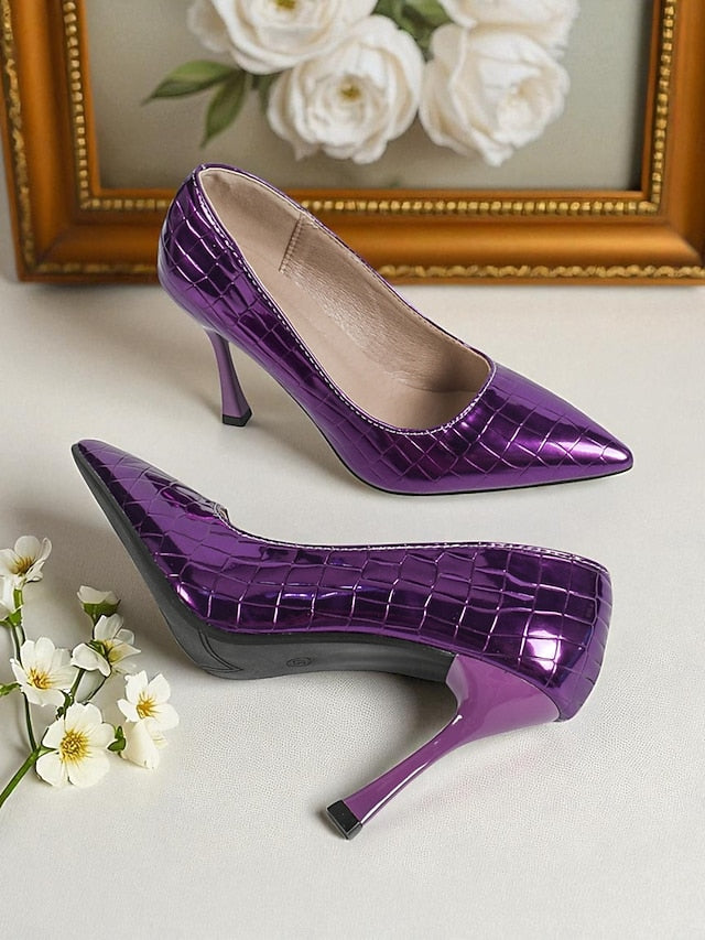 Patent Silver Women's Toe PU Heels Pointed Leather