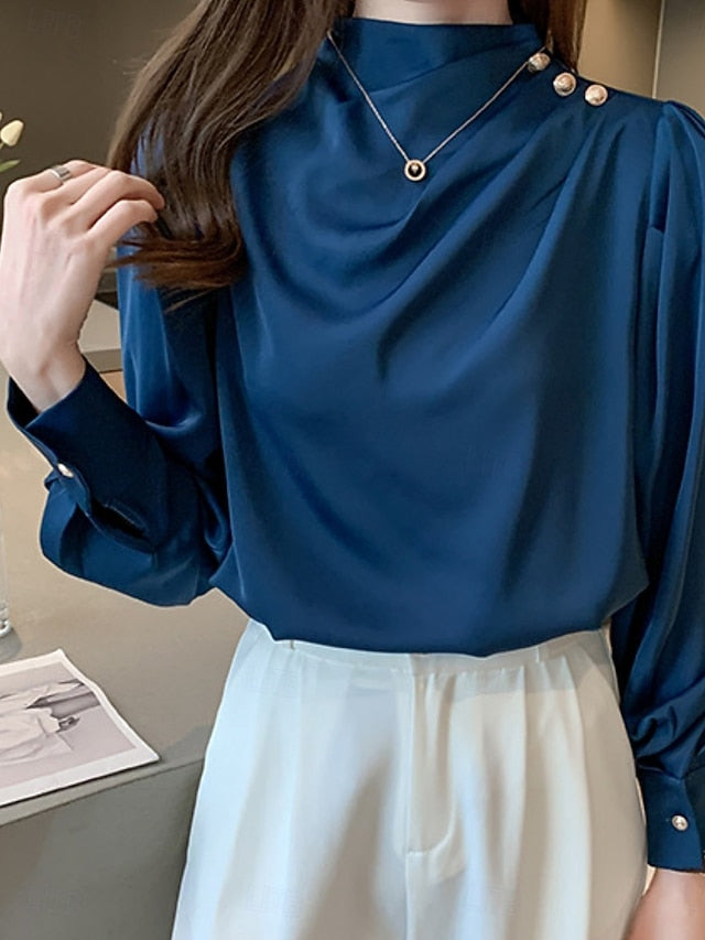 Women's Shirt Elegant Dressy Satin Top Buttons Solid Color