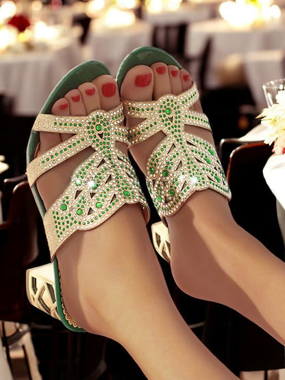 and Heeled Sandals Rhinestone Gold Embellished - Green