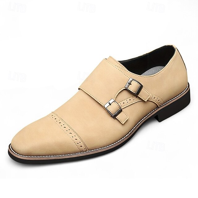 Men's Shoes Strap Double Leather Faux Monk Beige with