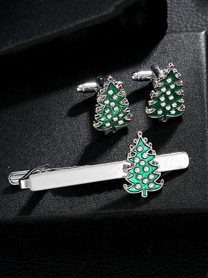 and Christmas Tie - Set Clip Men's Cufflinks Tree Festive