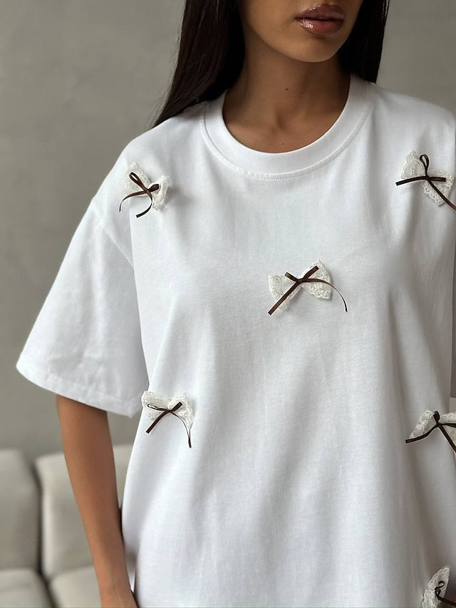 Women's Tee 100% Cotton 3D Appliques Bow Cute Stylish