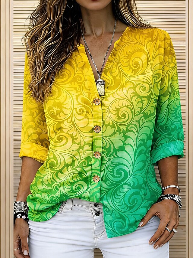 Women's Shirt Tunic Summer Tops Buttons Ombre Graphic