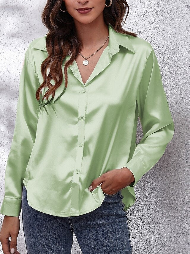 Women's Shirt Elegant Dressy Satin Top Buttons Solid Color