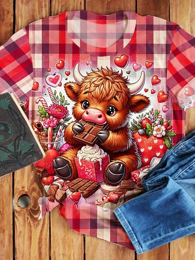 Valentine's Day Women's T Shirt Graphic Animal Plaid