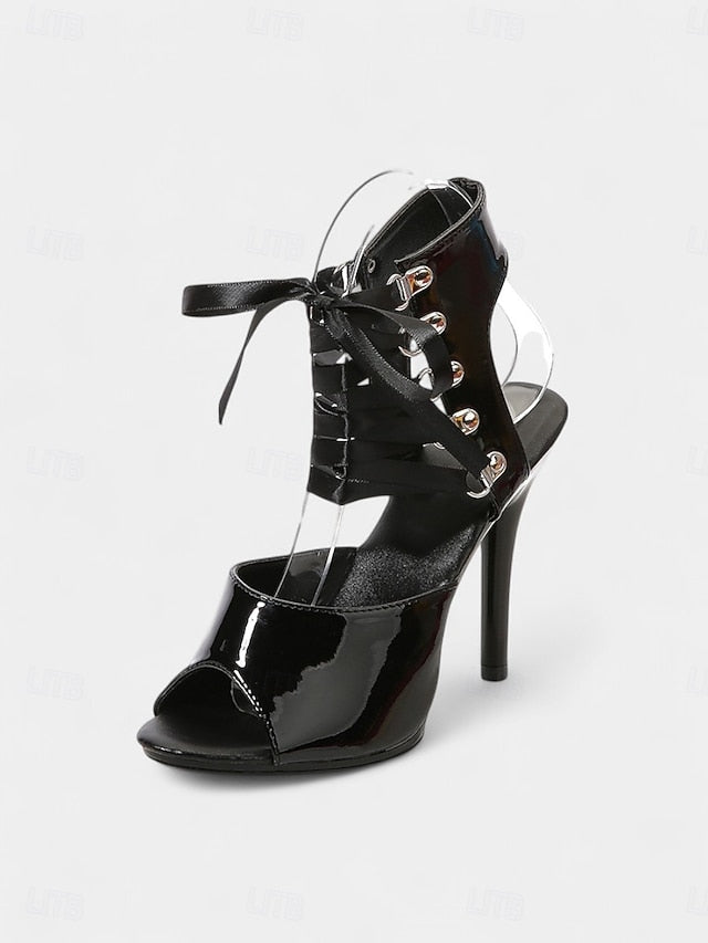 Cutout Lace-Up Sandals Patent Women's Black Sexy - Stiletto