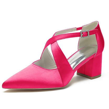 Satin Elegant Toe – White Women's Heels Block Pointed