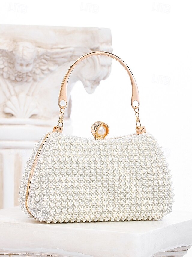 Clutch Evening Bag Gold Pearl with Beaded Women's Handle