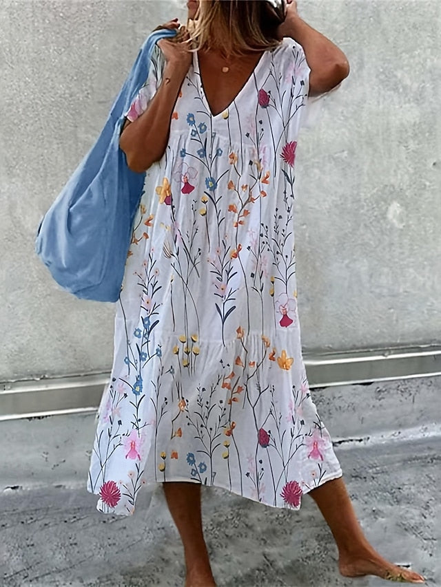 Women's Midi Dress Faux Cotton Linen Jumper Dress Long