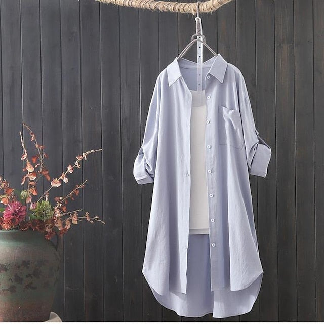 Women's Shirts Faux Cotton Linen Button Up Long Cotton Top