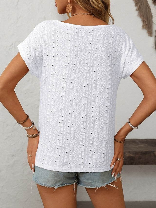Women's Texture Blouse Eyelet Top Pointelle Tee T Shirt