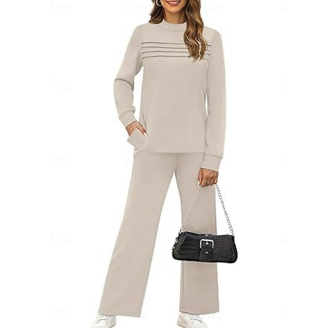 Women's Tracksuit Pants Sets Long Sleeve Crew Neck Plain