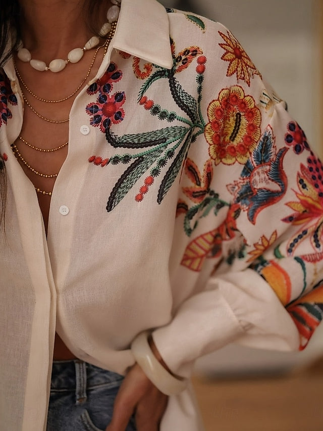 Women's Blouse Buttons Print Floral Stylish Casual Long