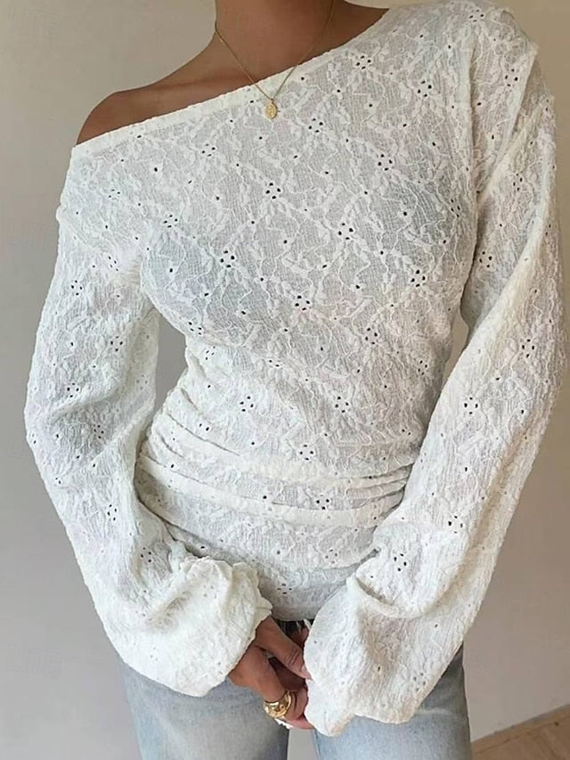 Women's T Shirt Lace Splicing Top Lace Plain Casual Long