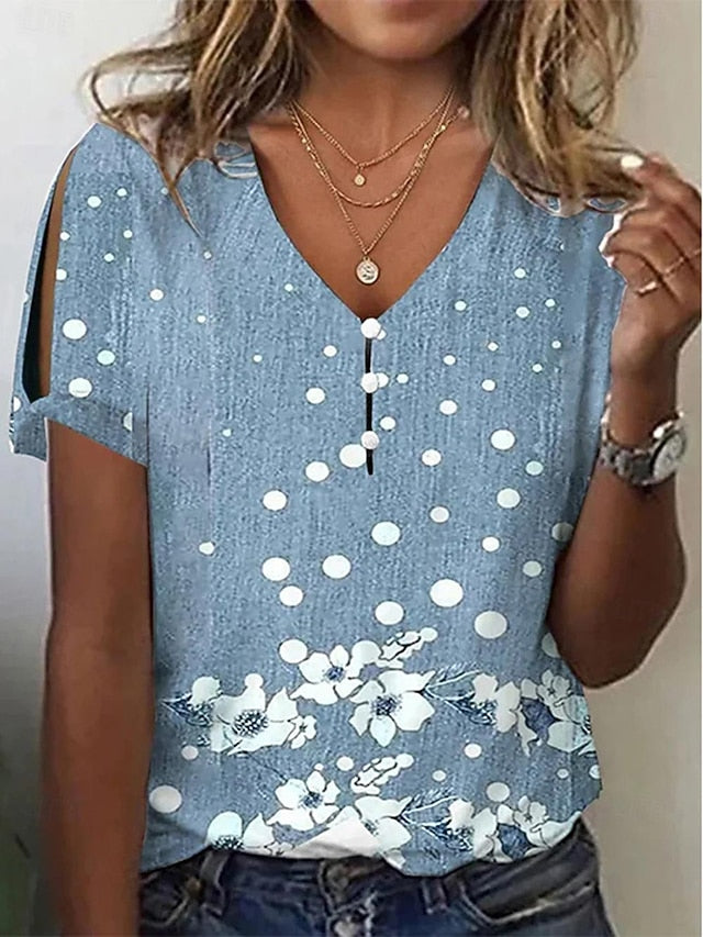 Women's Blouse V-Neck Short Sleeve Split Floral Print