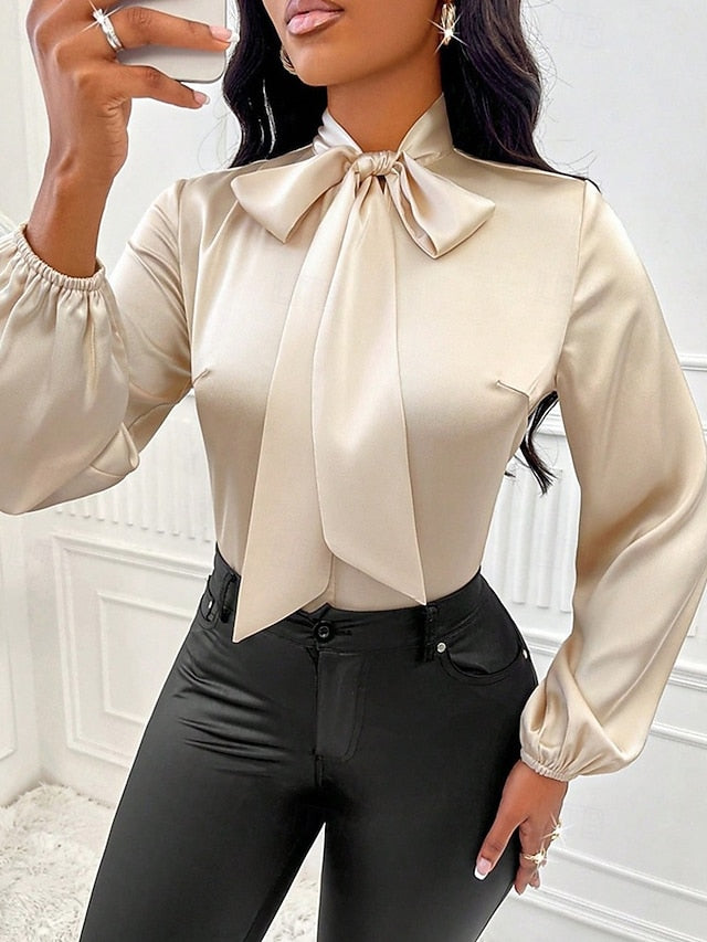 Women's Shirt Elegant Dressy Satin Top Bow Solid Color